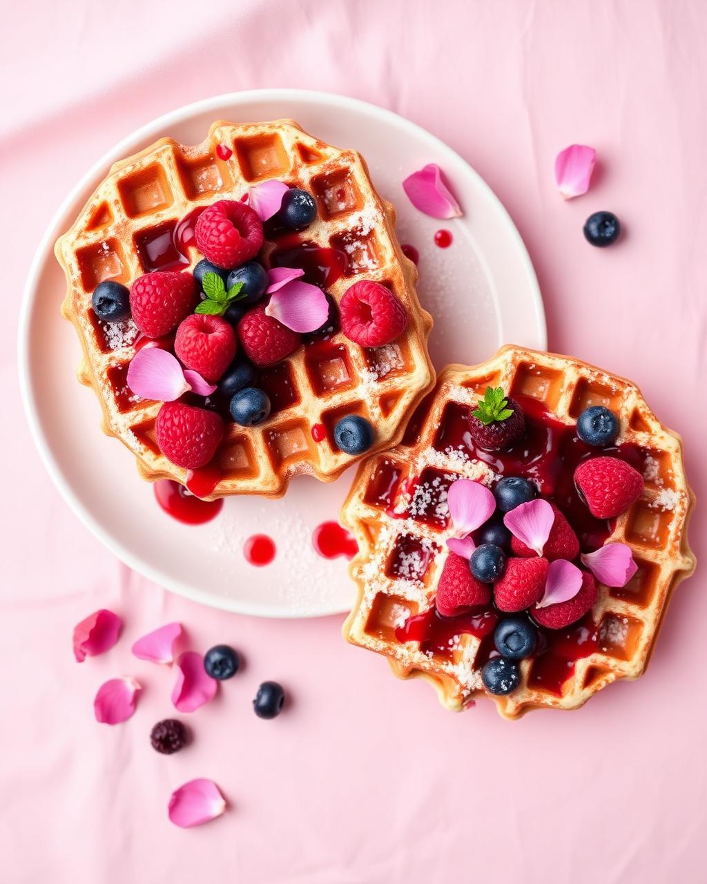 Two gourmet waffles with berries and rose petals on a pink plate